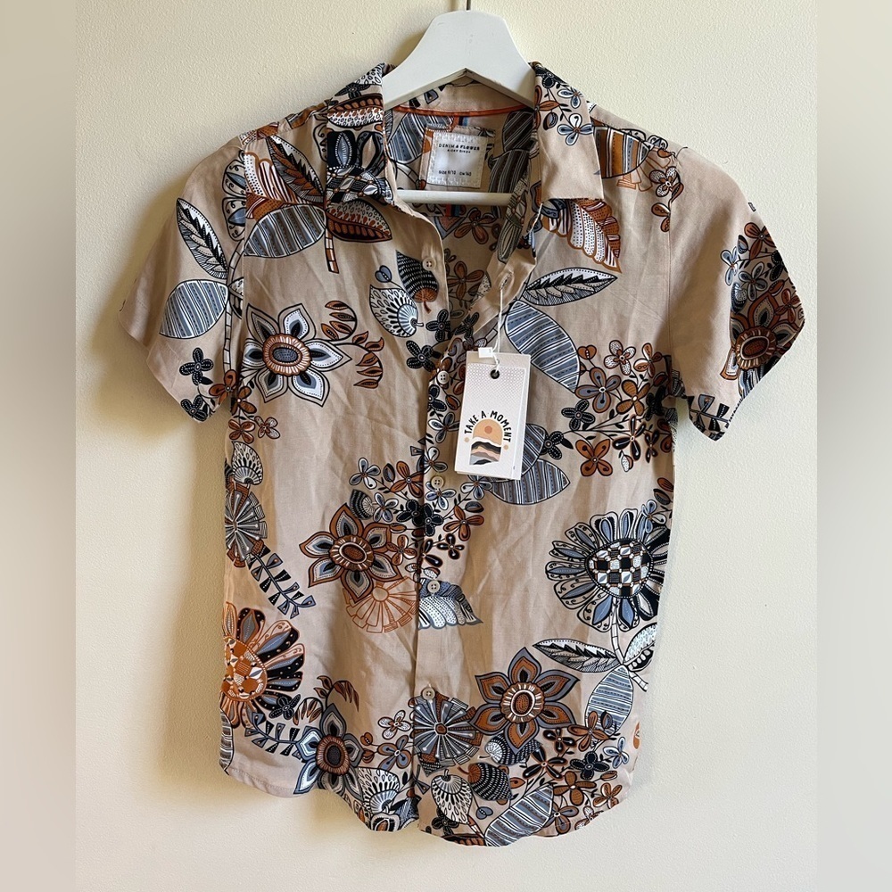 NWT - Denim & Flower boys pattern button up dress shirt - size 9-10